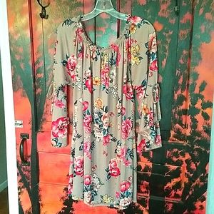 Boho Floral Hippie Retro Bell/Flutter Tie 3/4-Sleeve Mauve Off-shoulder Tunic